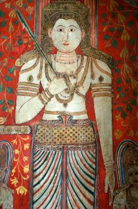 Murale sui muri del tempio di Kelaniya a Kelaniya Vihara, uno dei siti buddisti più sacri a circa sei miglia dalla capitale Colombo, Sri Lanka. 7 gennaio 2010